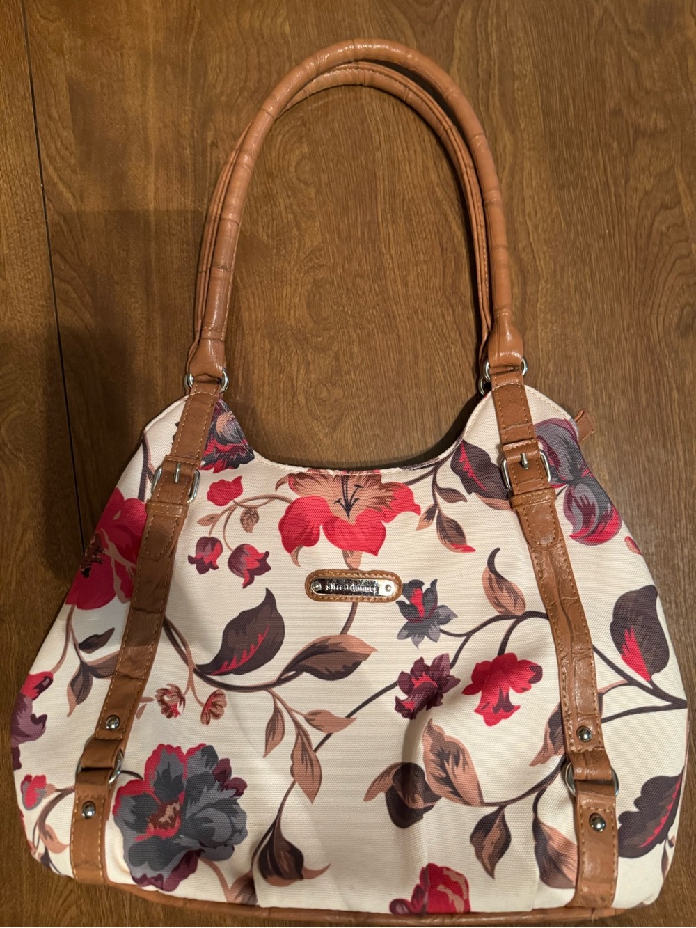 Alfred Dunner Cream Floral Shoulder Tote with Tan Trim